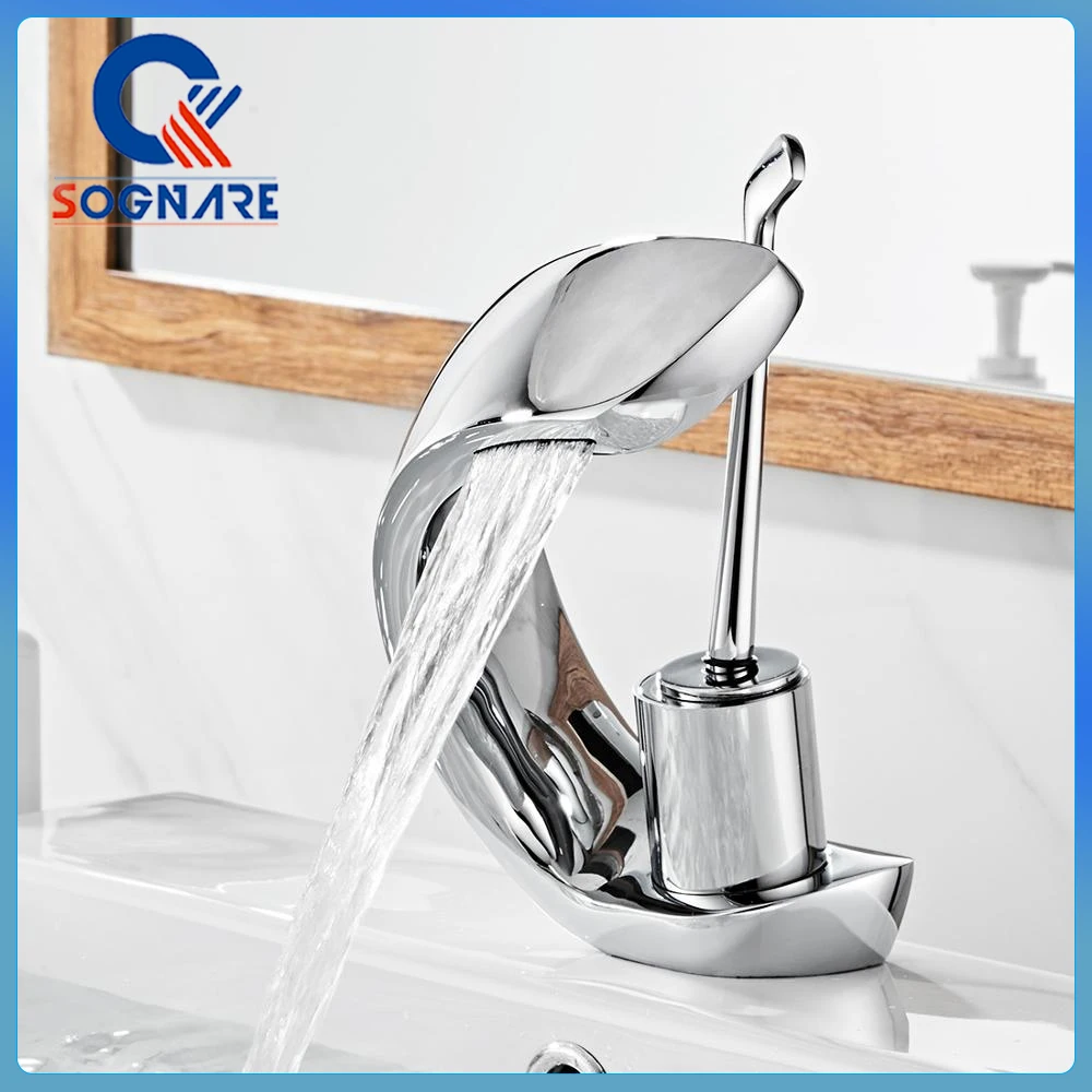 

Waterfall Bathroom Faucet Deck Mounted Basin Sink Solid Brass Faucets Mixer Single Handle Cold and Hot Water Mixer Taps Modern