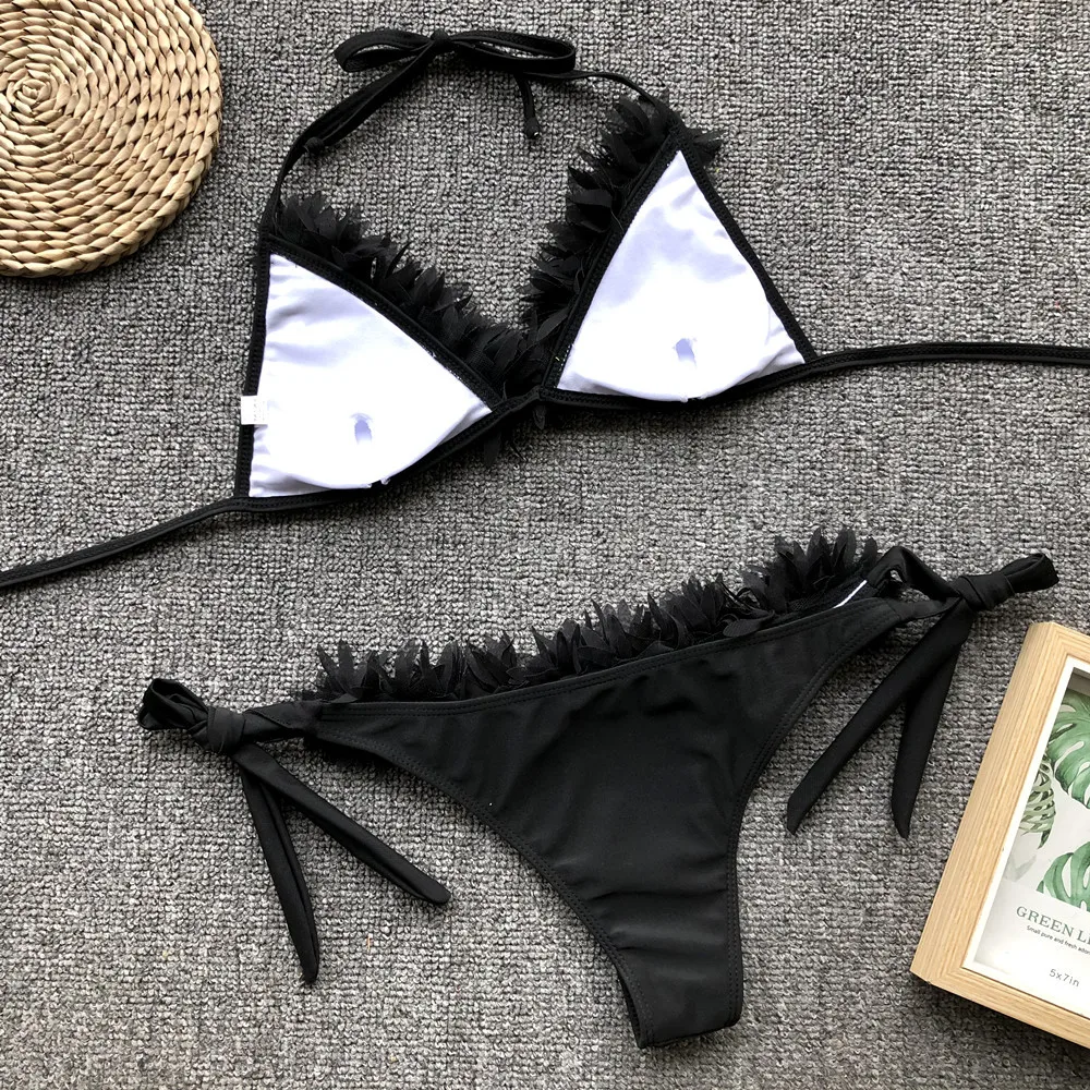 

IMANFive Women Sexy Lace Black Bikini Push Up 2019 New Arrival Biquini Halter Low Waist String Swimwear Female Swimsuit S-L