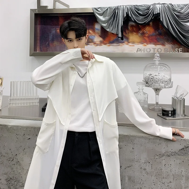 Мужской длинный кардиган белая черная рубашка стильная куртка Мужская Уличная