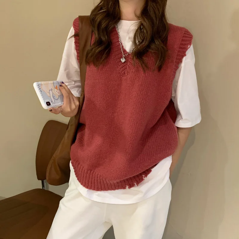 Пуловер с V-образным вырезом вязаный жилет Женская Осенняя Корейская версия