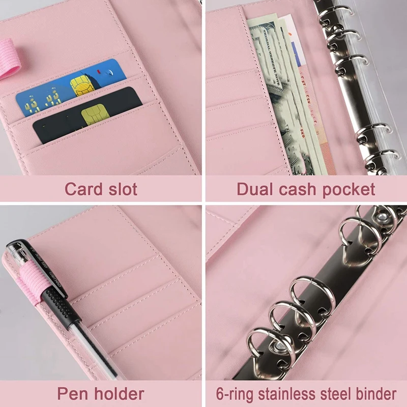 

2 Set 14 Binder Bags A6 with Leather Binder Cover, 6 Rings Budget Binder with Cash Envelope, Pink & Black