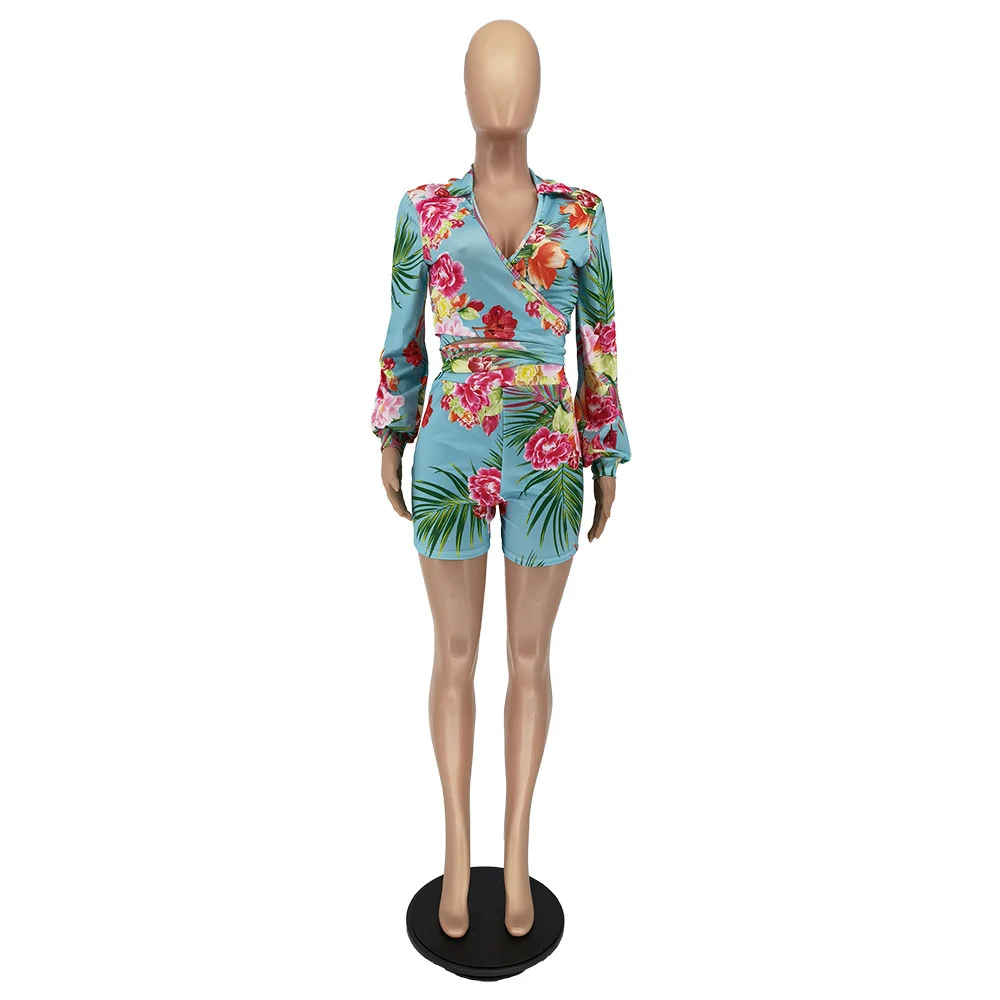 

Zoctuo Floral Print Short Sets Long Sleeve Bandage Shirt And Skinny Short Set For Women Fashion Two Piece Set Short Sets Spring