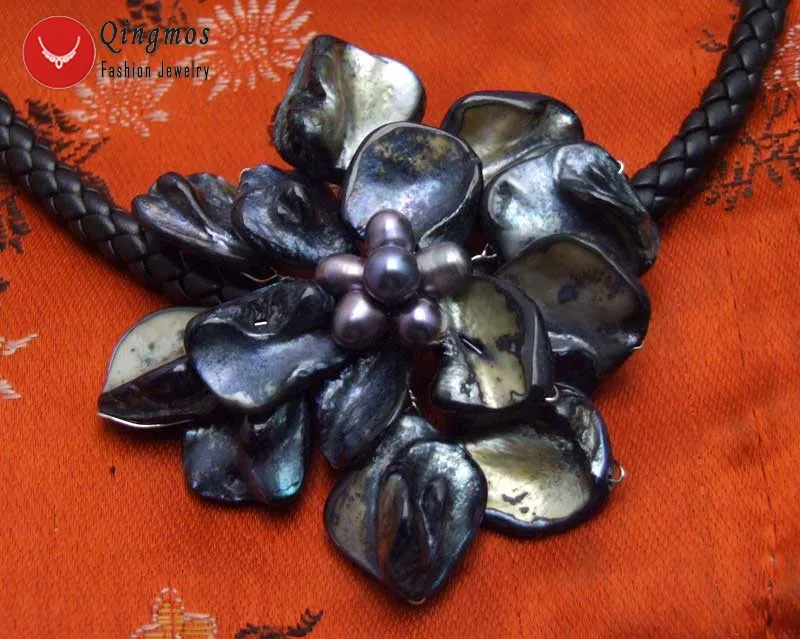 Qingmos 70mm Flower Black Shell Pendant Necklace for Women with Natural Pearl and 6mm Leather Rope 18'' Chokers | Украшения и