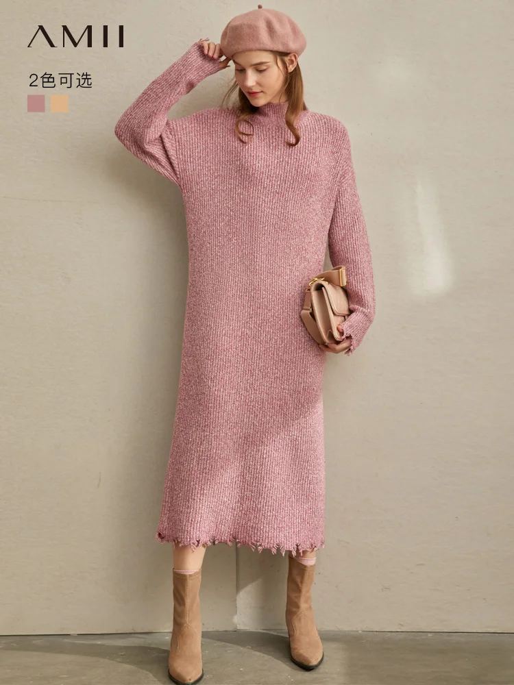 Amii минималистичное платье свитер с высоким воротником Осеннее женское