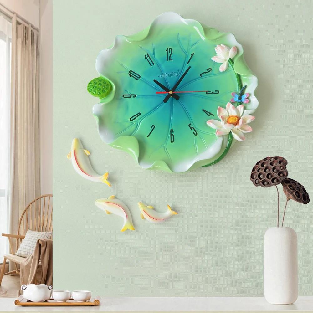 

New Chinese Resin Lotus Leaf Wall Clocks Decorative Crafts Home Livingroom Mute Wall Clock Wall Hanging Fishes Ornaments Murals