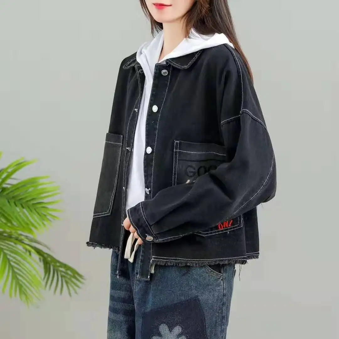 Осенние куртки женские ретро большие размеры Свободная Повседневная джинсовая