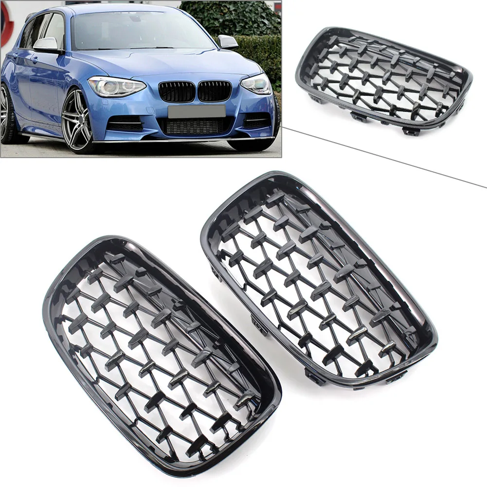 

2Pcs Car Front Kidney Grill For BMW F20 1 Series 118i 120i 125i 2011 2012 2013 2014 ABS Gloss Black Diamond Meteor Style Grille