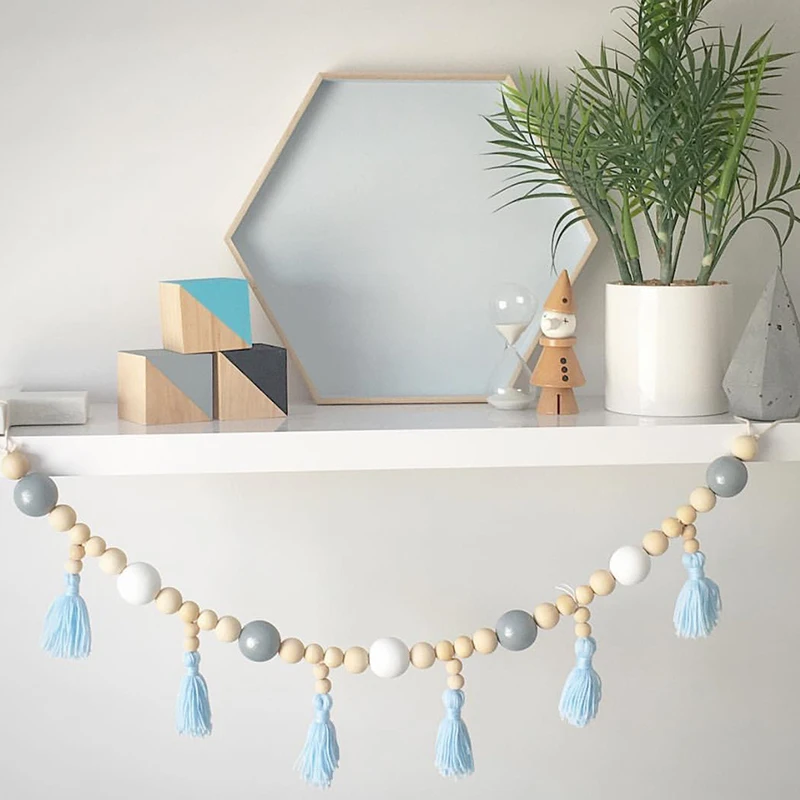 

1Pcs Wooden Bead Wool Tassel Home Decoration Nordic Style Wooden Tassel Little Baby Girl Room Wall Decor Curtain Pendant