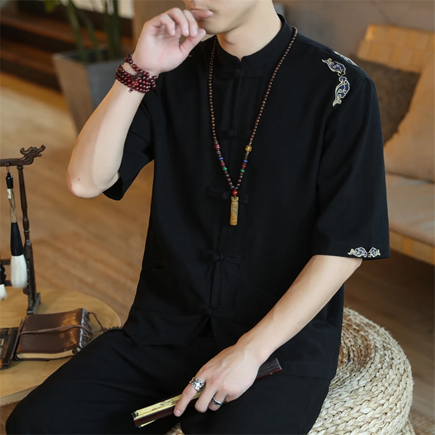 

Hanfu Men Chinese Style Tang Suit Menswear Men's Shirt Coat Design Minority Short Sleeve Shirt Coil Button Embroidery Loose Top