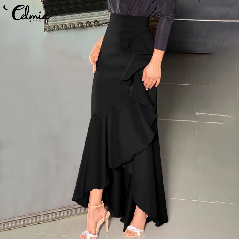 

Women Mermaid Party Skirt Celmia Casual High Waist Ruffled Irregular Hem Maxi Skirts 2022 Autumn Elegant Solid Color Long Jupes