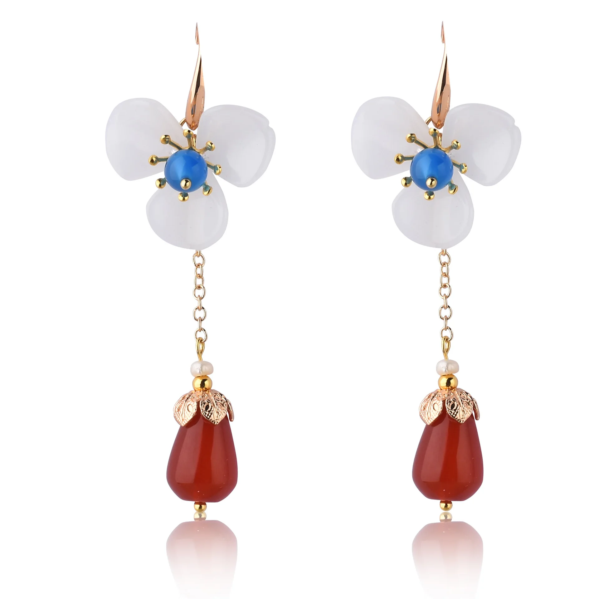 Ретро длинный стиль три листа цветок красный кулон серьги Корейский темперамент