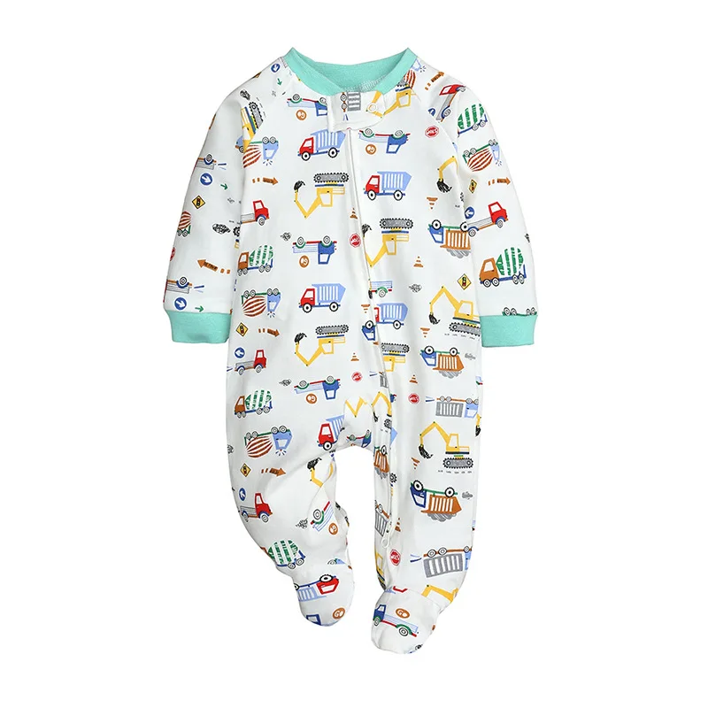 

Newborn Cotton Long Romper Baby Zipper Kid Cartoon Engineering Vehicle Romper Spring Autumn Wrap Foot Bodysuit Long-sleeved