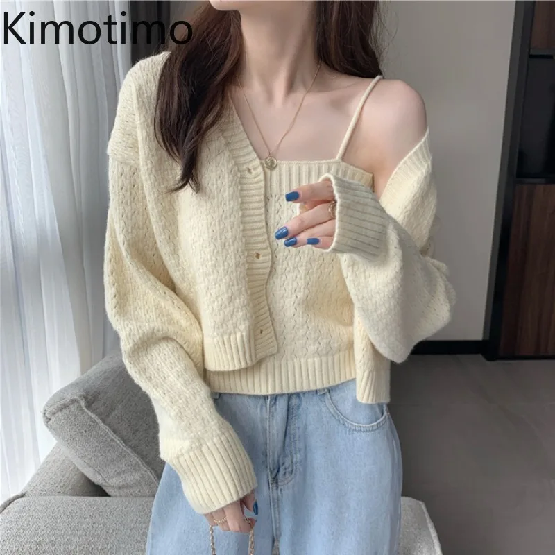 

Kimotimo Two Piece Set Women 2020 Autumn Black Knitted Long Sleeve Cardigan and Tops Casual Elegant Outfits Chic Korean Fashion