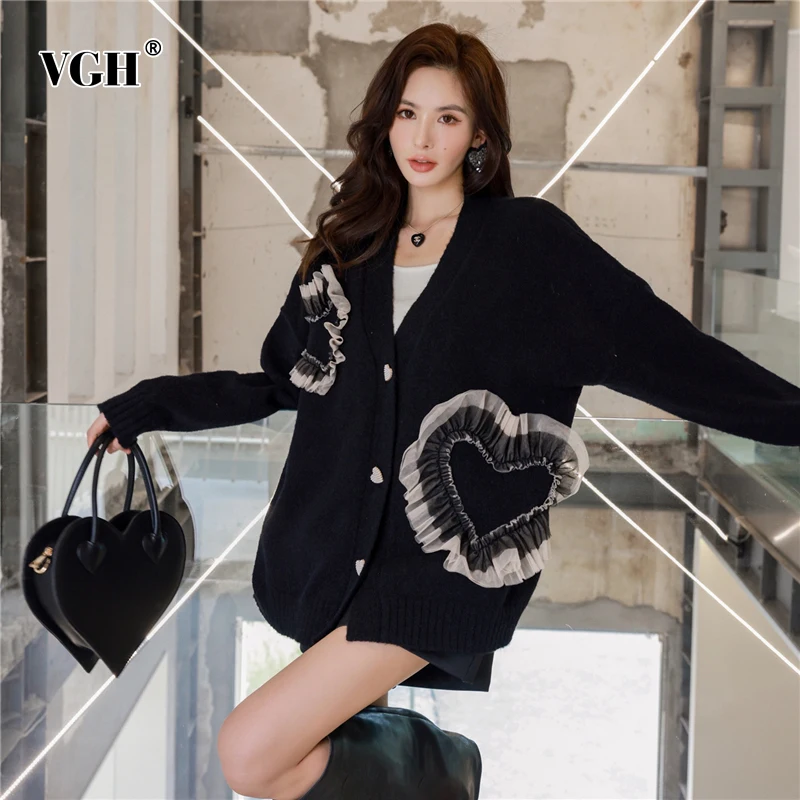 

VGH Black Patchwork Ruffle Cardigan For Women V Neck Long Sleeve Colorblock Casual Sweaters 2021 Females Autumn Fashion Clothing