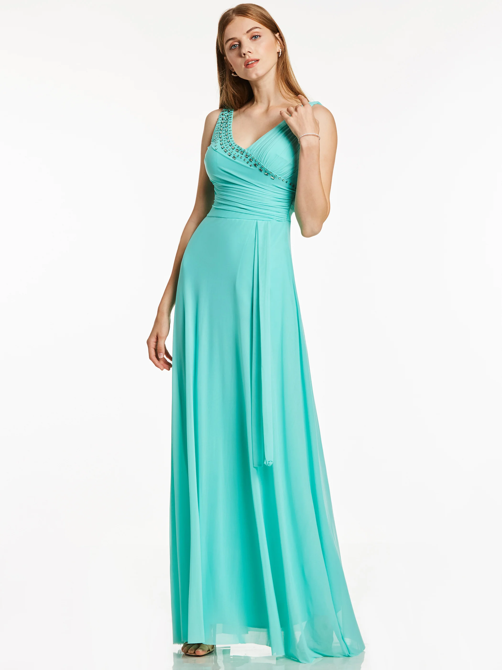 Dressv длинное вечернее платье с v образным вырезом Мятное плиссированное без