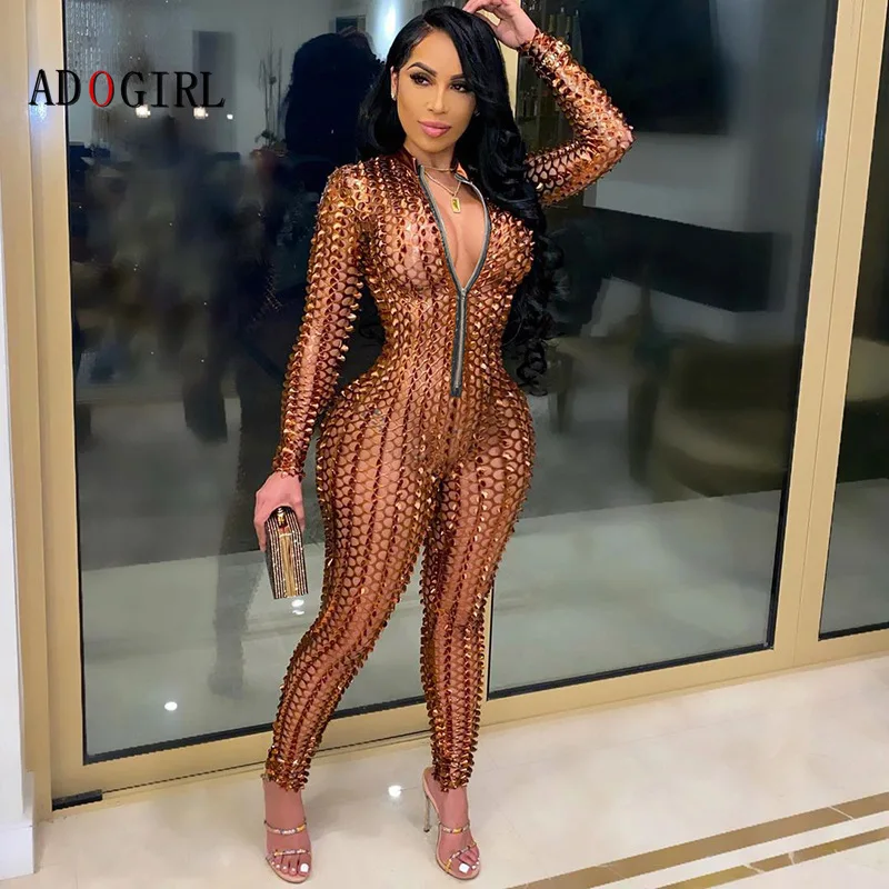 

Adogirl Sexy Hollow Out Women Rompers See Through Long Sleeve Zipper Jumpsuits Elastic Skinny One Piece Elegant Night Party Jump