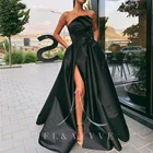 Сексуальные черные атласные вечерние платья без бретелек с разрезом сбоку