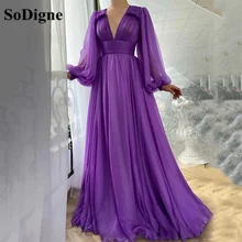 SoDigne – robe de bal de forme trapèze violette, longue, manches longues, col en V, élégante, moderne, robes d'occasion, 2021  (1)