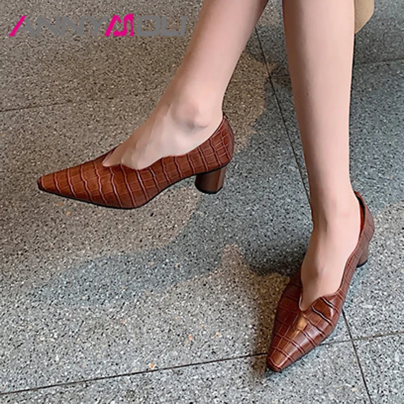 

ANNYMOLI Genuine Leather Women Shoes High Heels Pointed Toe Dress Pumps Square Heel Office Ladies Footwear Spring Brown Size 40