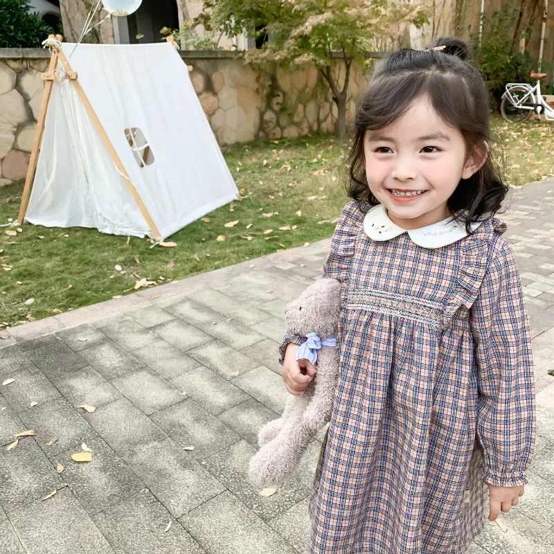 Spring New Arrival korean style cotton plaid long sleeve princess dress with letters embroidered collar for cute sweet baby girl | Детская