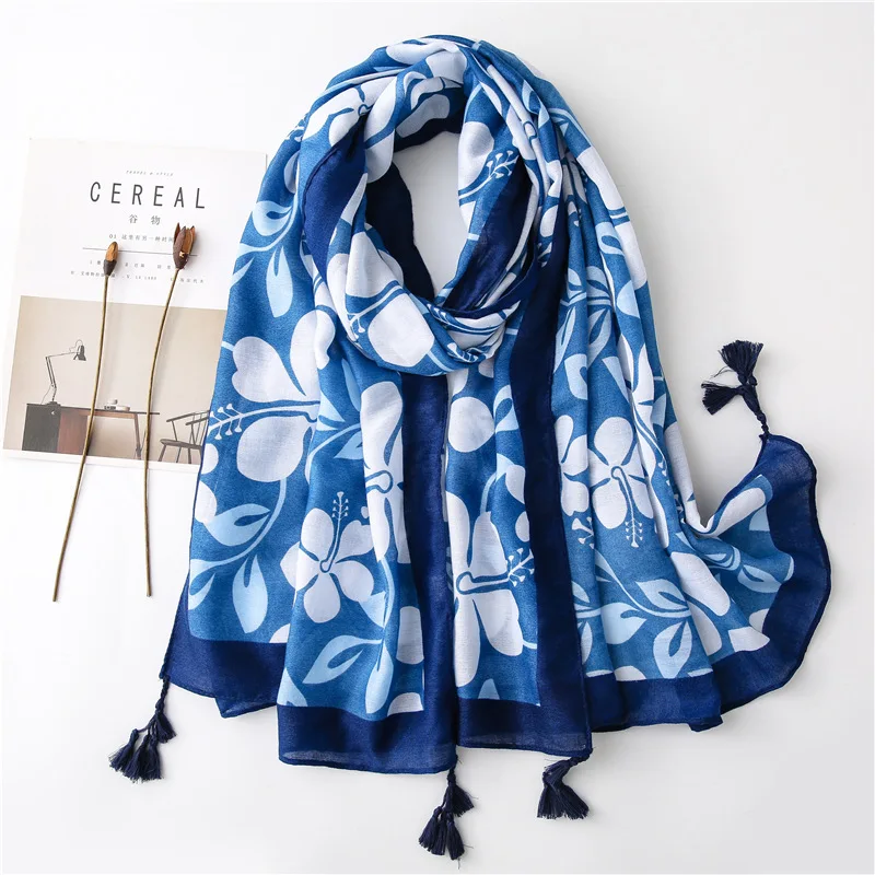 

2021 Luxury Brand Blue Pure Floral Tassel Viscose Shawl Scarf Ladies Fashion Head Wraps Pashmina Stole Muslim Hijab 180*100Cm