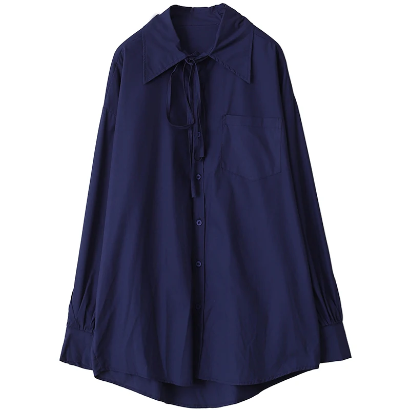 

IEQJ Women Blouse New Lace Up Lapel Collar Long Sleeve Loose Minimalist Solid Color Shirt Fashion Thin Summer 2021 8P778