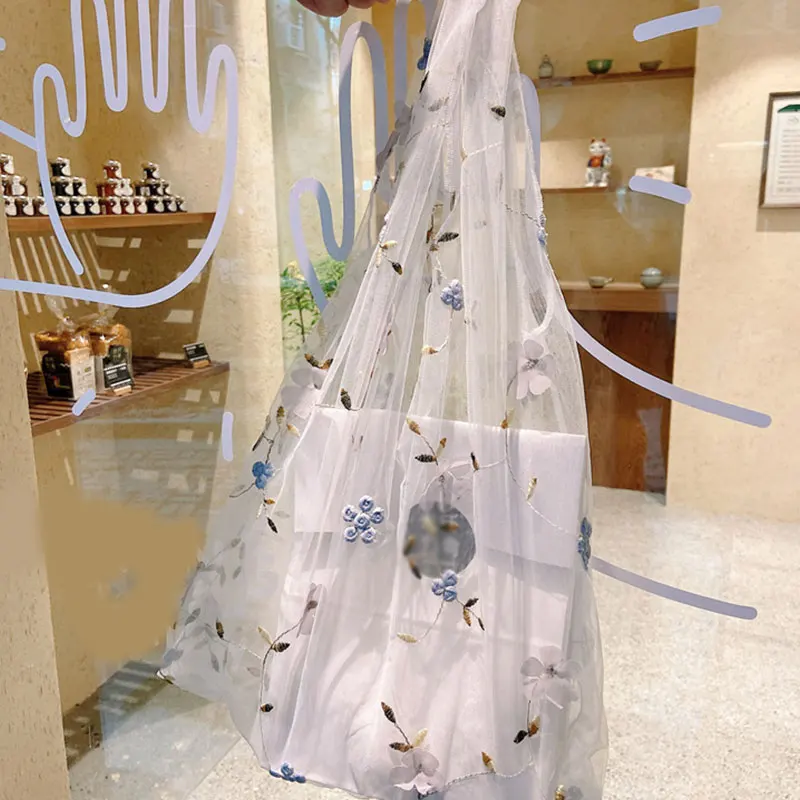 

female Flower Embroidery Hand Bag Organza Casual Tote Mesh Shopping Bags Woman Handbags