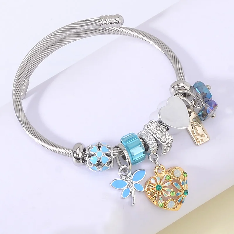 Stainless Steel Cuff Bracelets For Women Gold Love Heart Daisy Flower Dragonfly Charm Bangle Jewelry Femme Friends Gifts 2019
