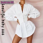 Женское Хлопковое платье-рубашка с отложным воротником, белое Элегантное повседневное ТРАПЕЦИЕВИДНОЕ мини-платье с длинным рукавом для отпуска, 2020