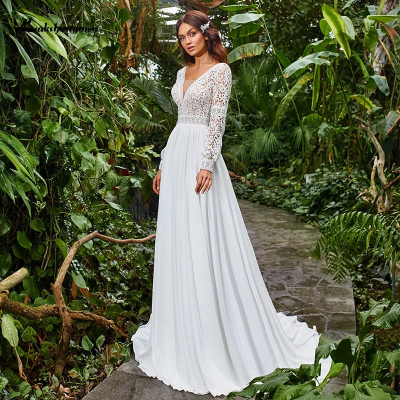 

Размера плюс шифоновое богемное свадебное платье 2021 совок шеи развертки поезд кружевное платье трапециевидной формы с длинным рукавом сва...