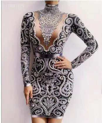black dress Черный серый Стразы Жемчуг Длинные рукава платье Сексуальная спандекс Женская одежда для пения день рождения, празднование вечернее платье - Цвет: black dress