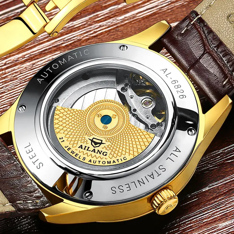 

AILANG Top men's luxury brand watch gold plated mechanical gear watches expensive leather strap dragon horse clock Chinese style