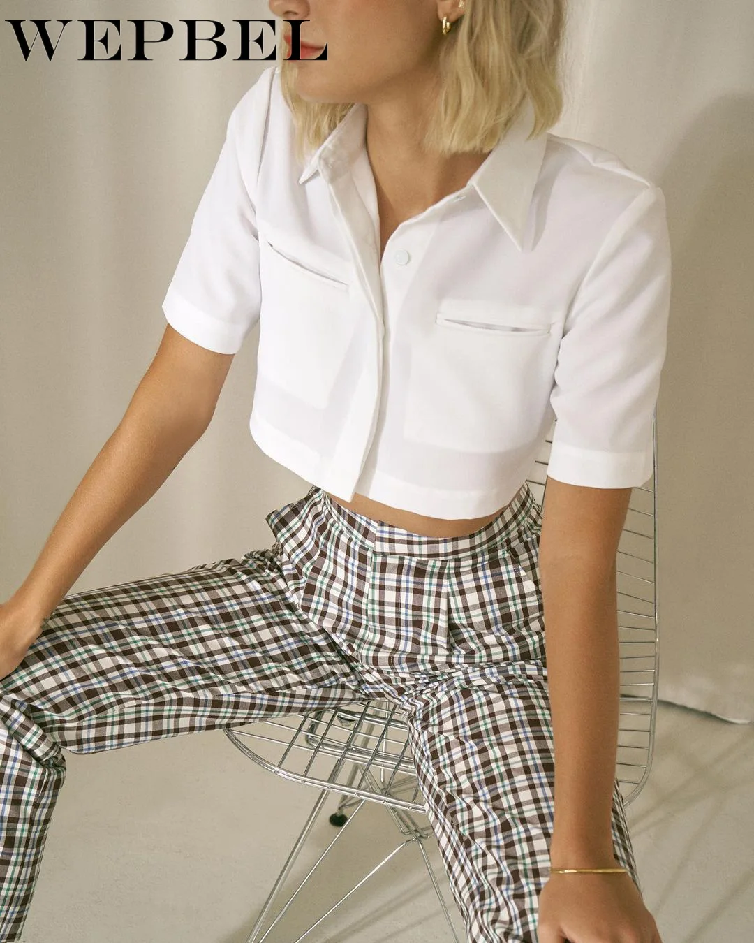 

WEPBEL Women Elegant Turn Down Collar Spring Autumn Loose Crop Top Shirt Office Lady Short Sleeve Single Breasted Short T-shirt