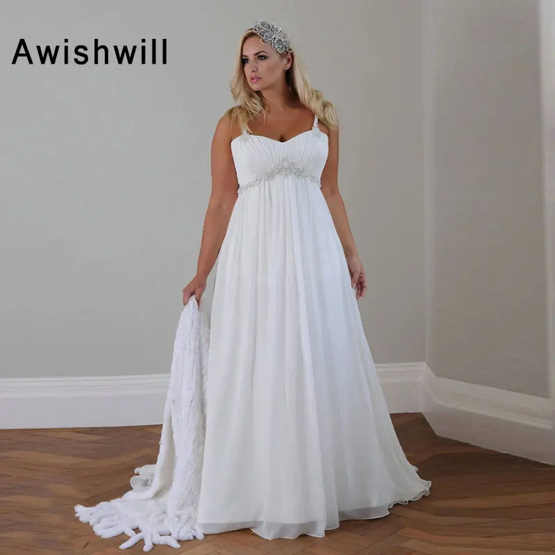 

Новое поступление, шифоновые Свадебные платья на бретелях-спагетти, белые вышитые бисером аппликации, кружевные женские пляжные свадебные ...