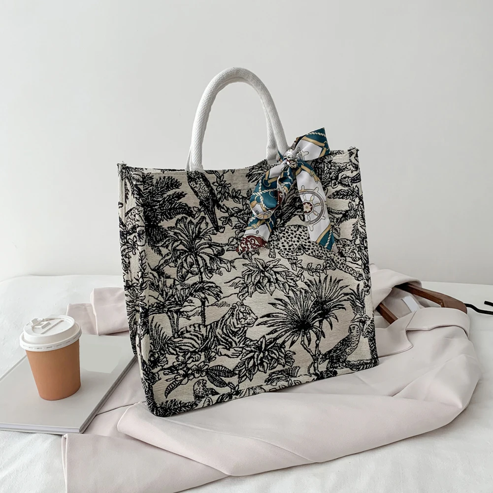 

2021 Foldable Retro Women Soft Canvas Bag Shopping Bag Forest Tiger Print Large Capacity Tote Shoulder Bag Handbags