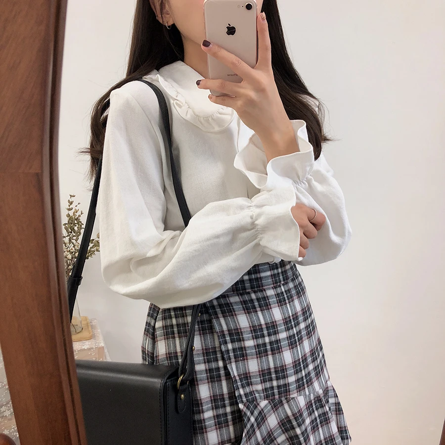 Базовые Рубашки Блузки женские модные дизайнерские корейский стиль преппи с расклешенными рукавами воротник Питер Пэн белая рубашка на пуговицах 6564 50