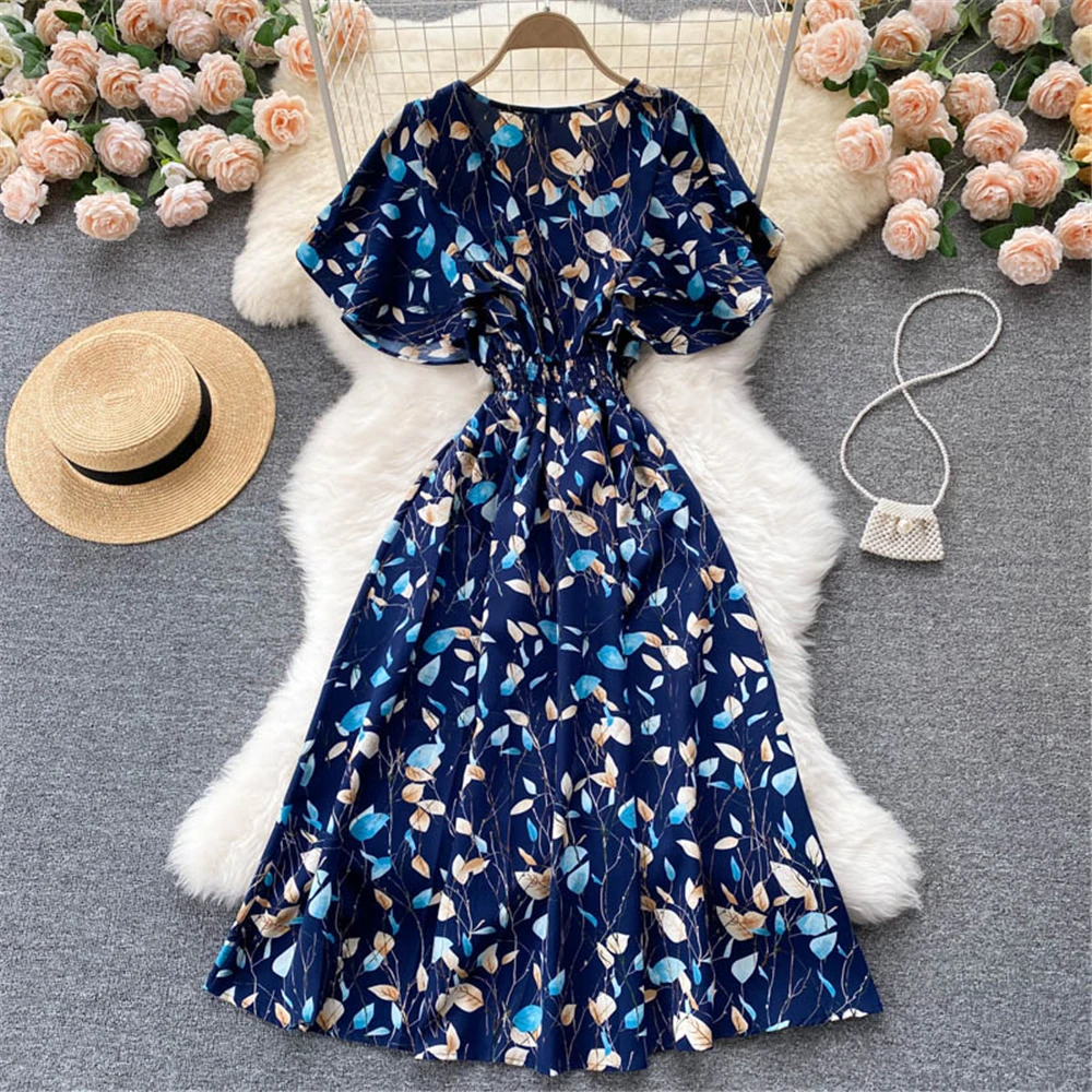 

Summer Floral Vintage Dress Women O Neck Short Sleeve High Waist Midi Dresses Sundress Beach Vestidos Holiday Female Clothes