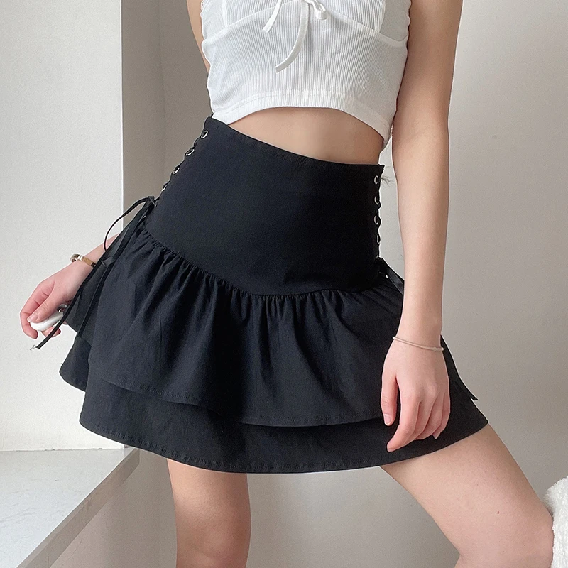 

Harajuku Korean Style Skater Skirt Women's Solid Shirred High Waist Layered Ruffle Hem Flared Mini Skirt Gothic Punk Skirt