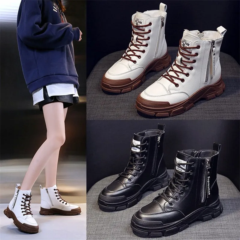 

Round Toe Lace Up Martin Boots For Women Zipper Platform Solid Color Mid Heel Ankle Boots For Winter
