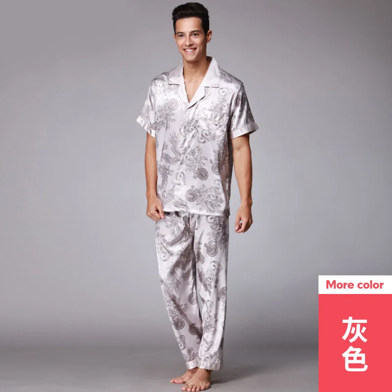 Men Nightwear Shirt Pants Sleep Pajamas Sets Short Sleeve Sleepwear Spring Summer Silk Nightgown Clothes Sleep Tops Bottoms Suit