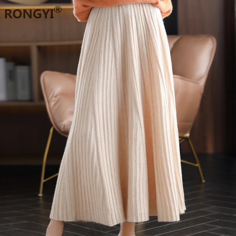 

RONGYI Autumn Women's 100%Cashmere Skirt Draped Rib High End Wild Long Skirt Elegant Winter A-Line Long Knit Skirt Elastic Waist