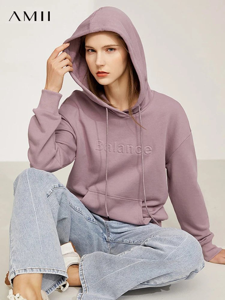 

AMII Minimalism Women's Hoodies Casual Hooded Loose Sweatshirt Streetwear Embossed Pullover Female Tops Women Clothing 12140847