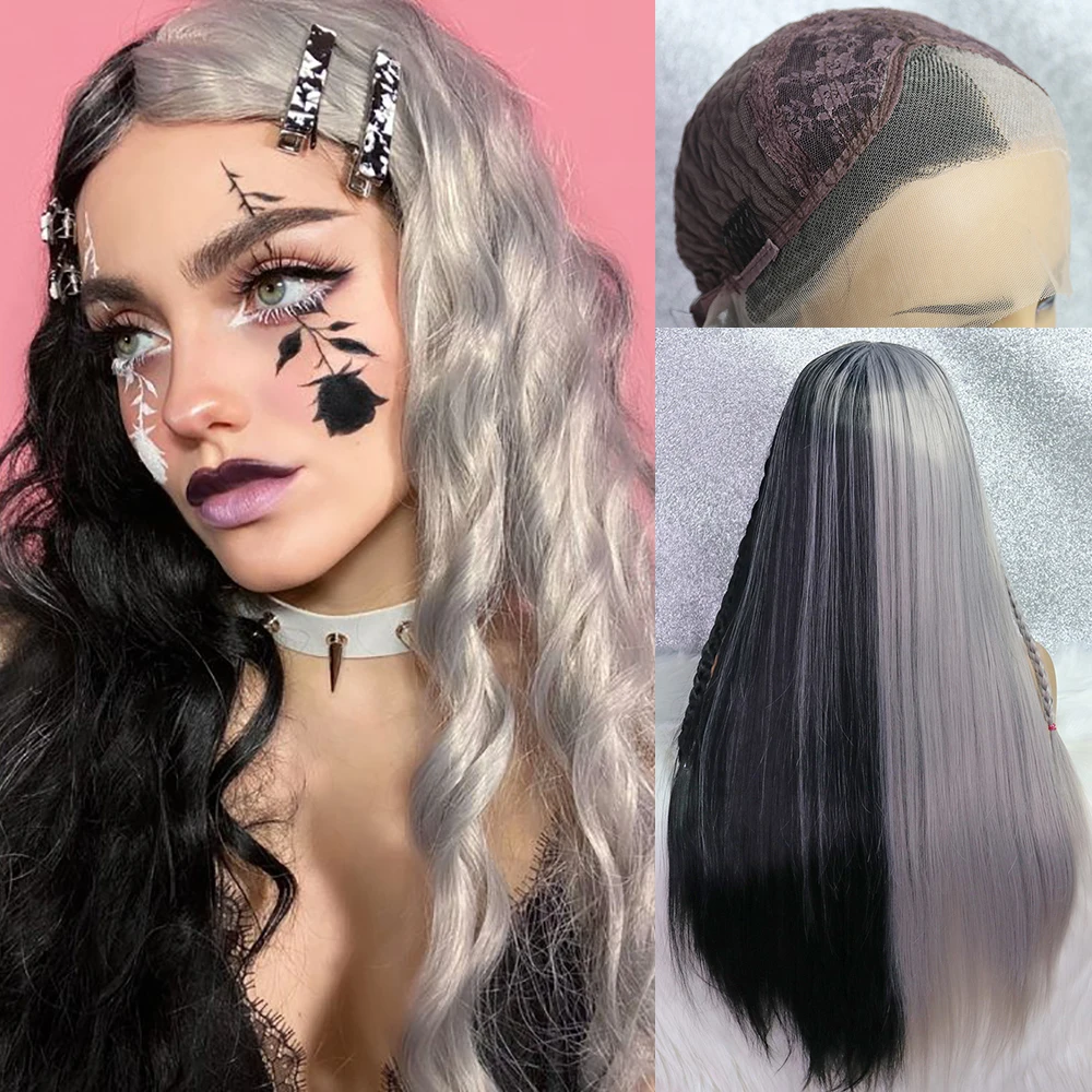 Half Sliver Half Black Glueless Synthetic Lace Front Wig Heat Resistant Straight Party/Cosplay Wigs For Black Women OLEY Summer