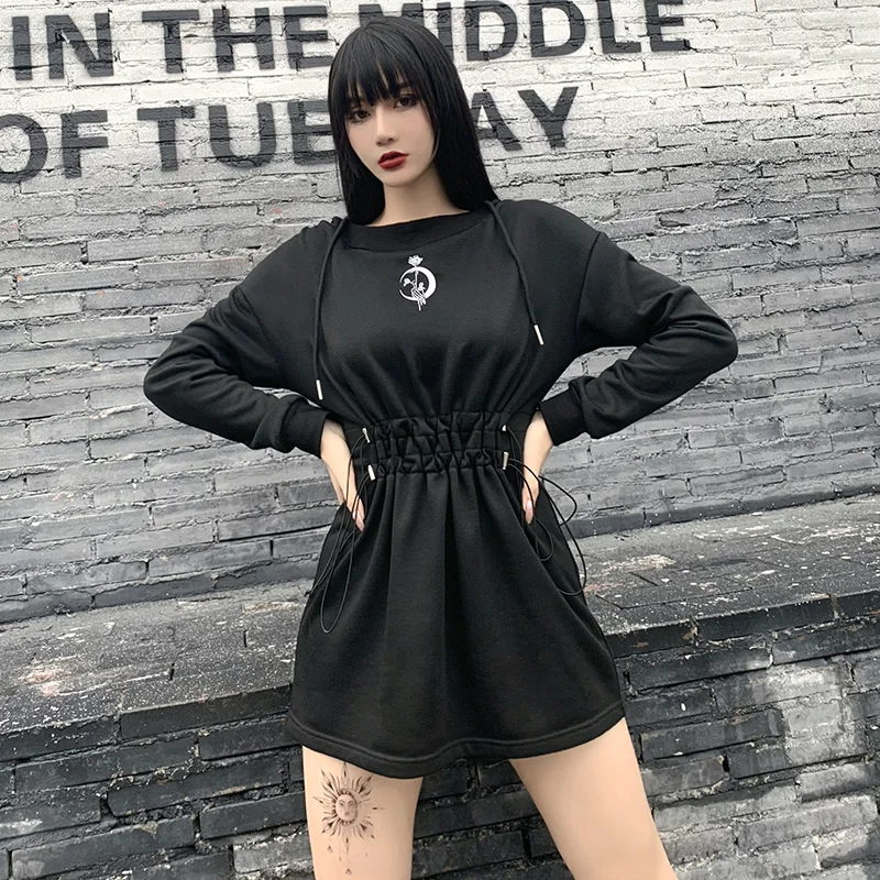 

Autumn Women High Waist Dresses Harajuku Gothic Black Hoodies Dress Streetwear Punk Rose Print Long Sleeve Hooded Dress