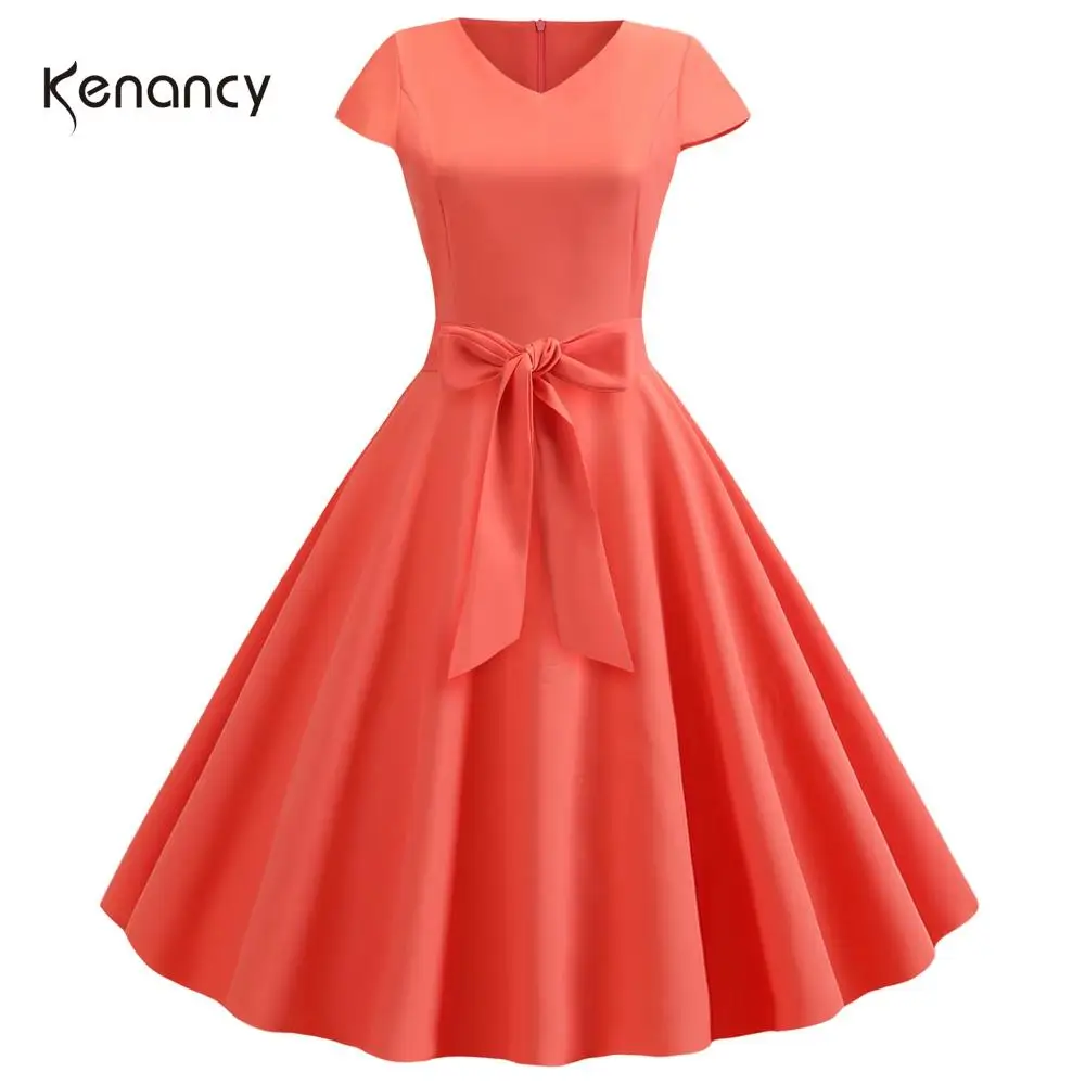 Kenancy 10 Colors Solid Summer Women Retro Dress V Neck Short Sleeves High Waist Vintage 60s Rockabilly Party Vestidos | Женская одежда