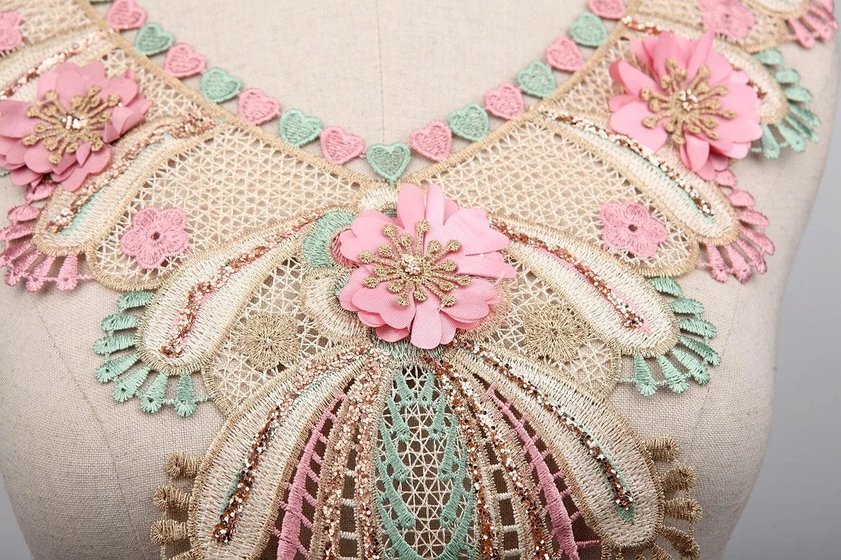 5 шт. Золотая зеленая розовая 3d винтажная вышивка цветочный воротник Венеция