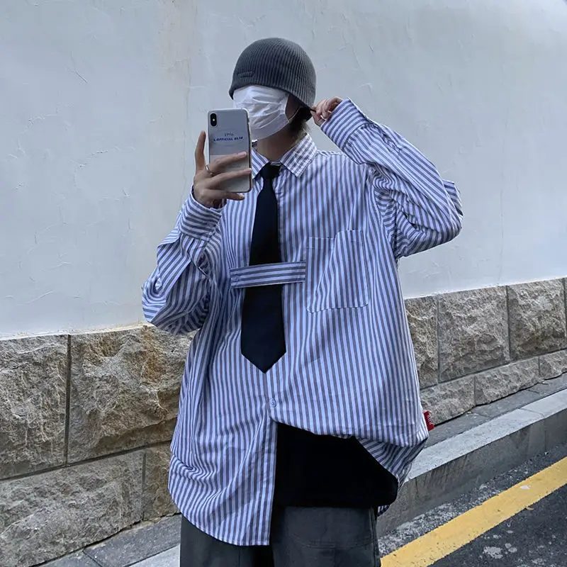 

Send Tie Men's College Style Trendy Youth Shirts Long-sleeved Stripe Printing Shirt Social Camisa Masculina Streetwear Shirts
