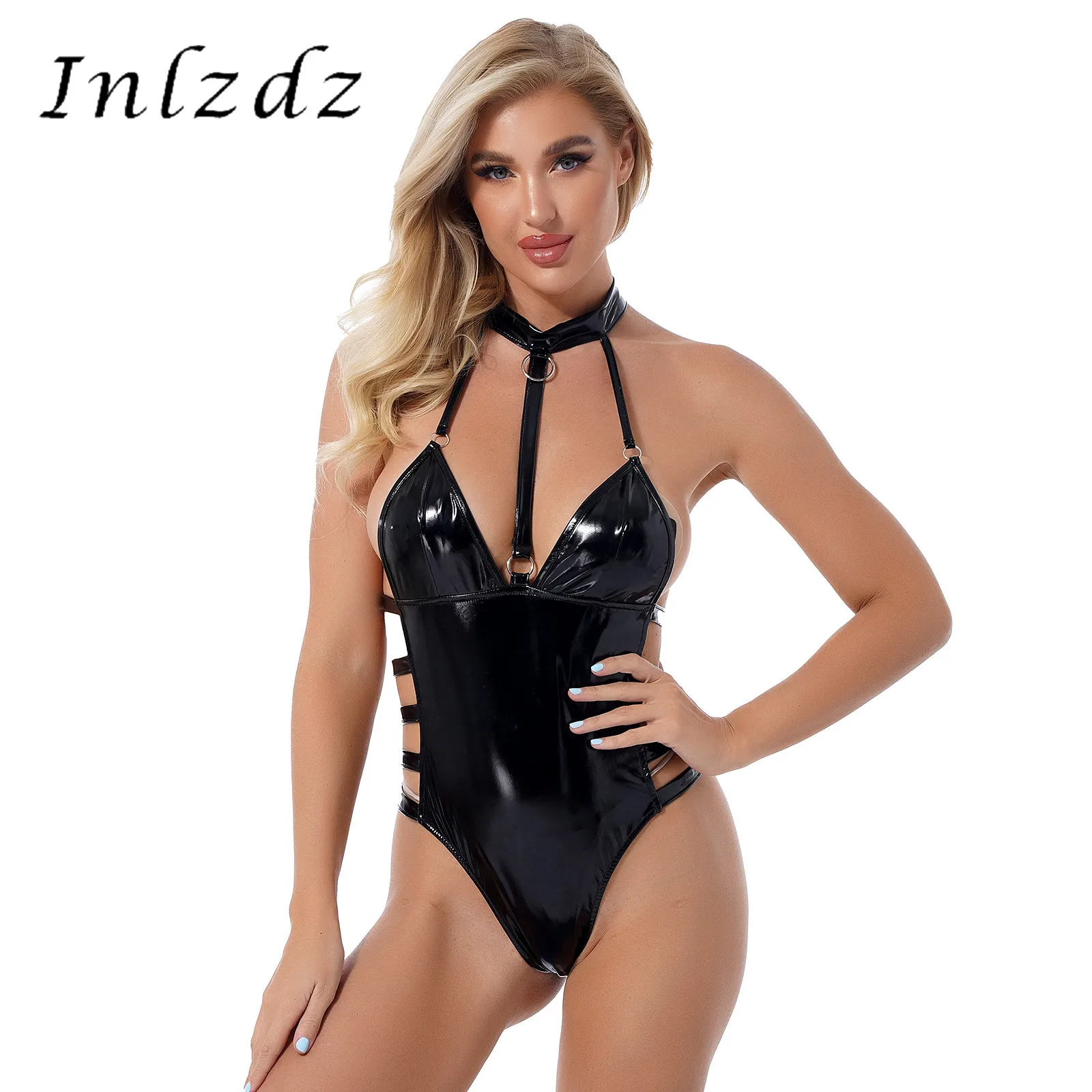 

Womens Lingerie Halter Cutout Catsuit Clubwear Hollow Out Wet Look Patent Leather Bodysuit Backless Sleeveless Leotard Costume
