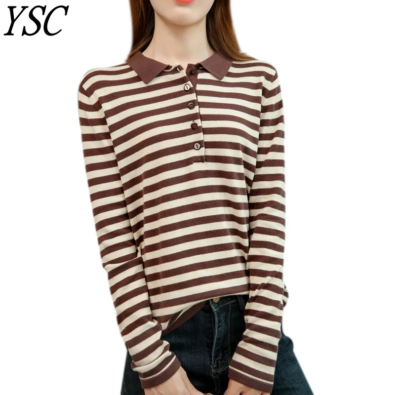 

YSC 2022, женские вязаные свитера из 100% чистого хлопка, маленький отложной воротник, украшение на пуговицах, высококачественный теплый пуловер