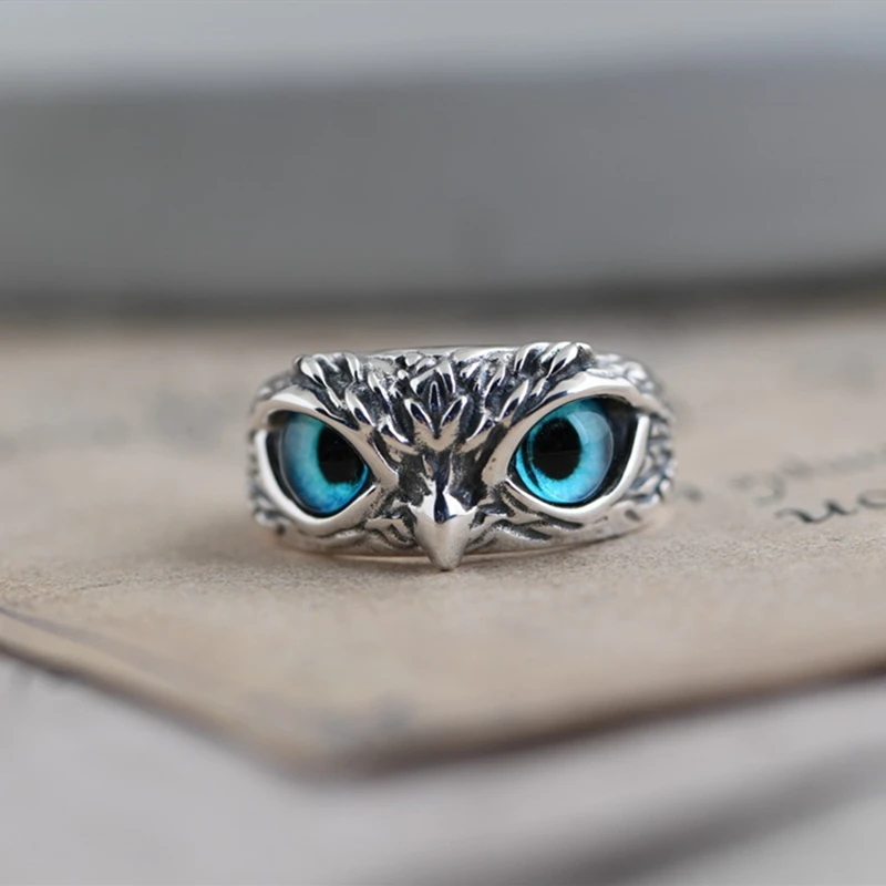 

Real 925 Sterling Silver Demon Eye Owl Ring For Men Or Women Girl Lover Retro Animal Open Adjustable Ring Statement Jewelry Gift